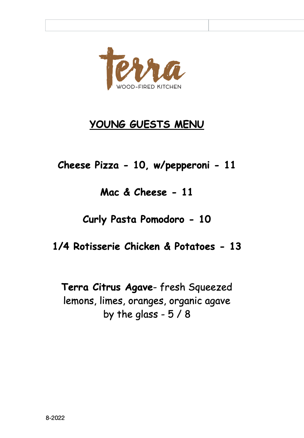 Menus Terra WoodFired Kitchen in Yorba Linda, CA